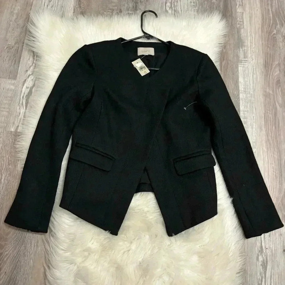 Ann Taylor Loft black wool blend asymmetrical snap blazer jacket, size 4 petite - Picture 3 of 9